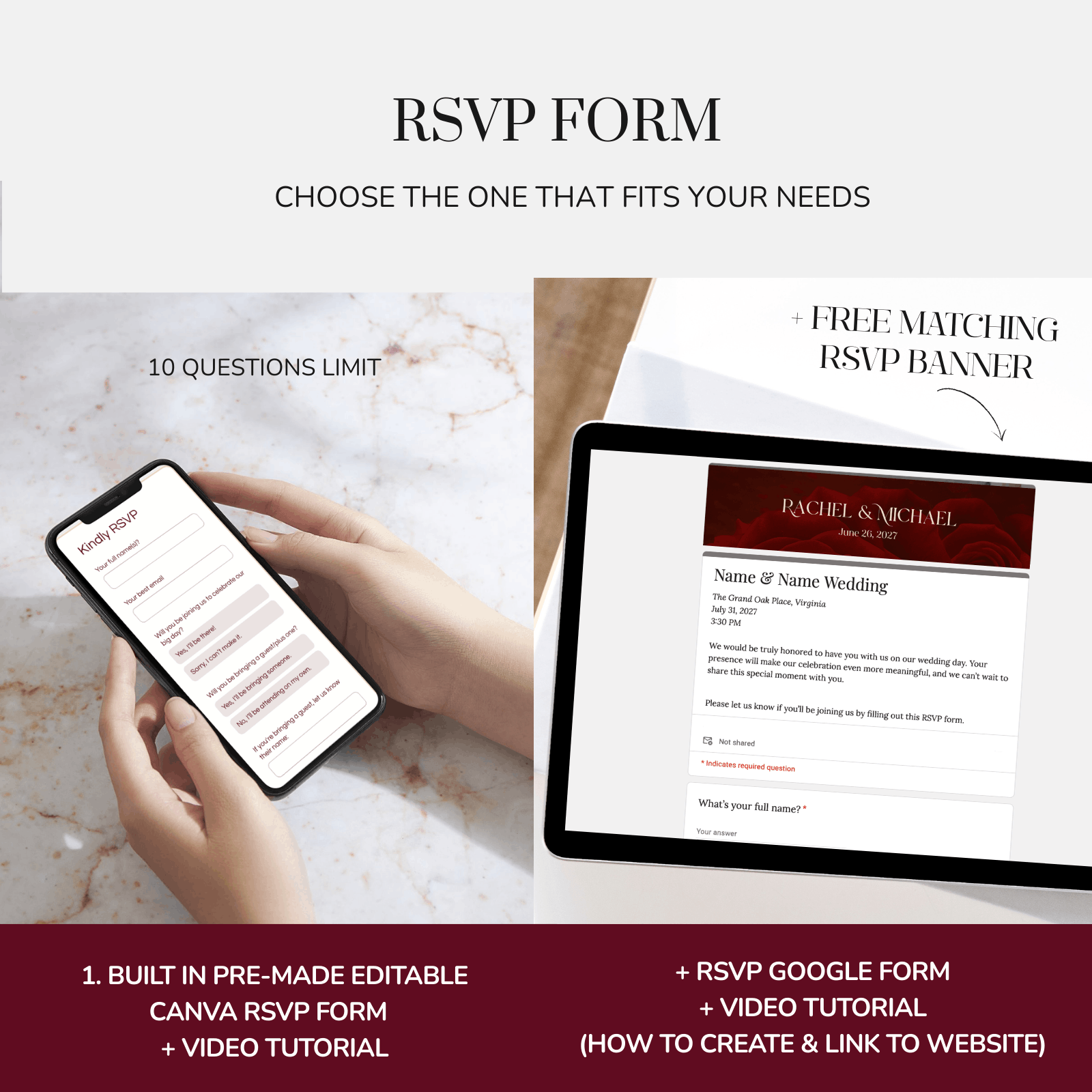 Burgundy Canva wedding website with RSVP form