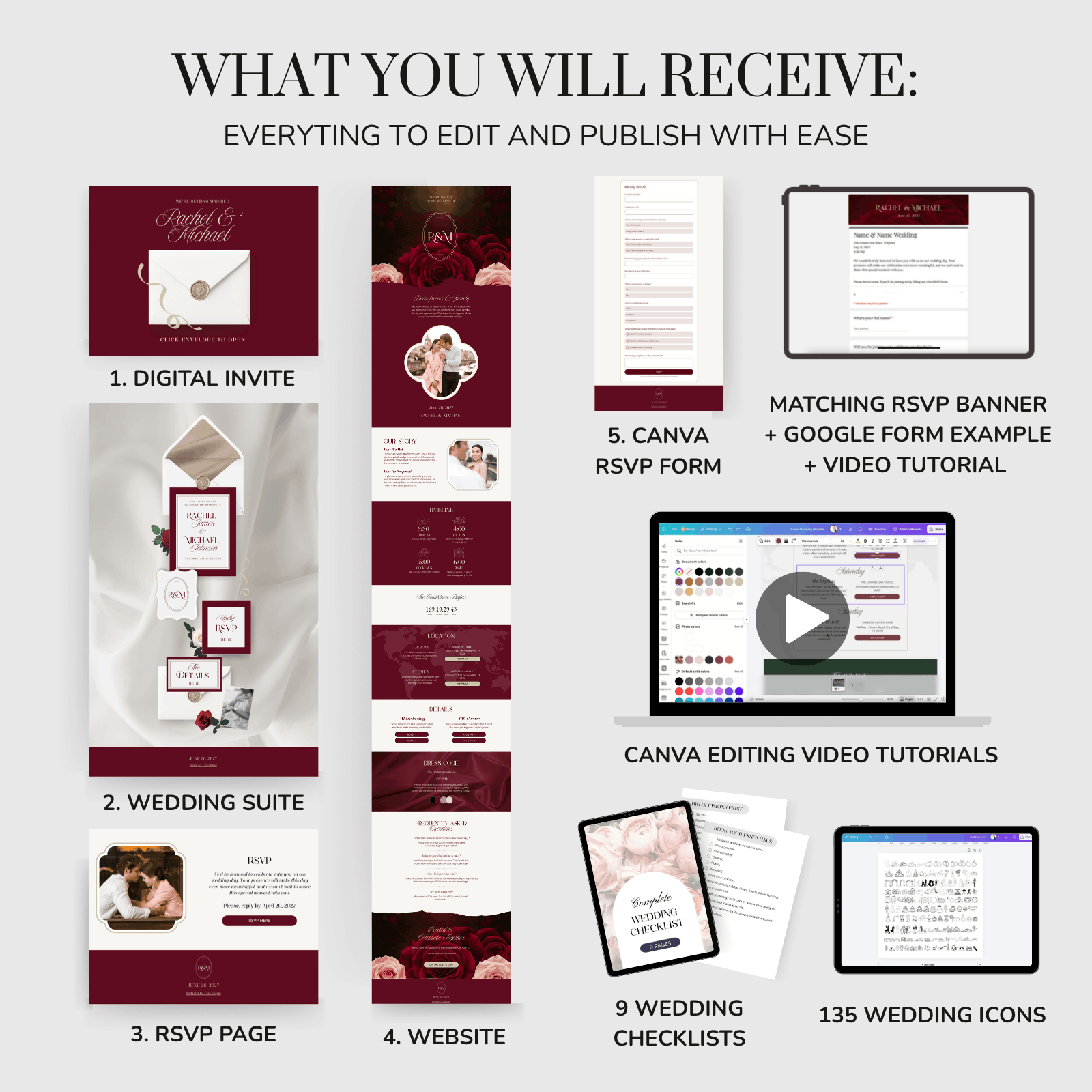 Burgundy wedding website template with RSVP form