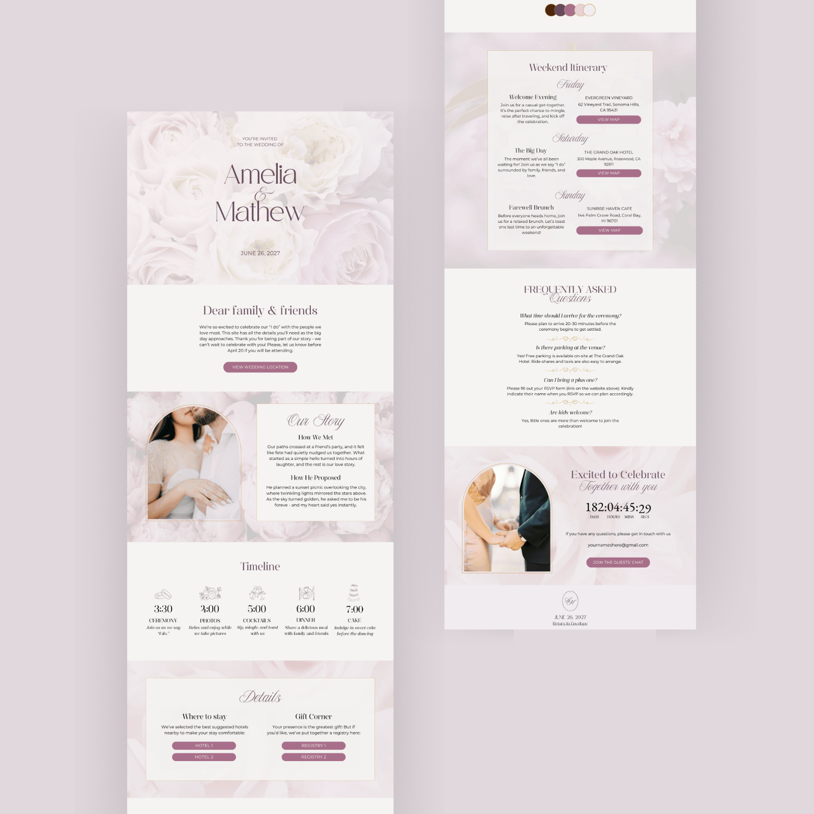 Blush pink editable wedding website template canva