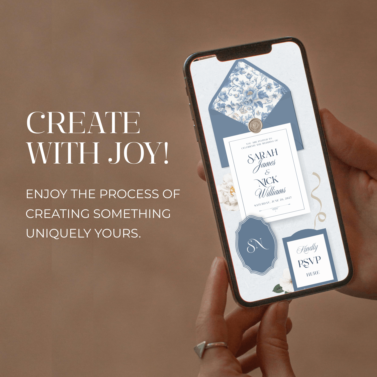 Person holding phone in hands - Canva wedding website template mobile-friendly