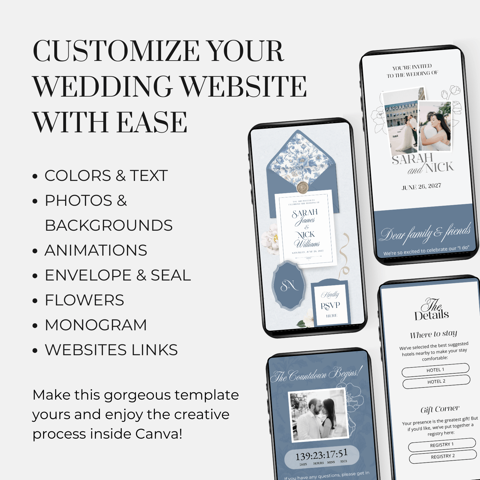 description of customozation options of blue elegant wedding website template