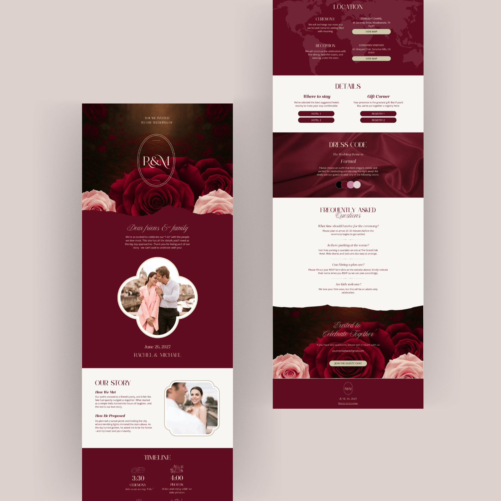 Burgundy wedding website template with red roses