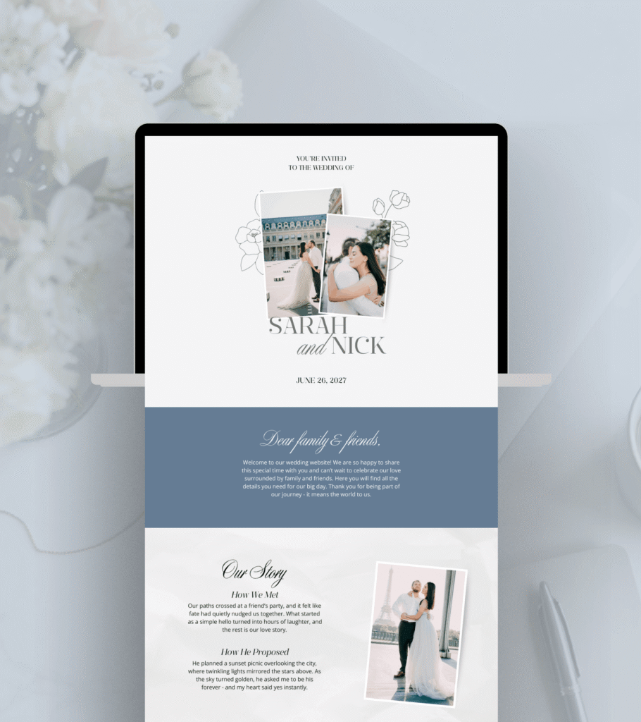 Blue wedding website template for RSVP Canva
