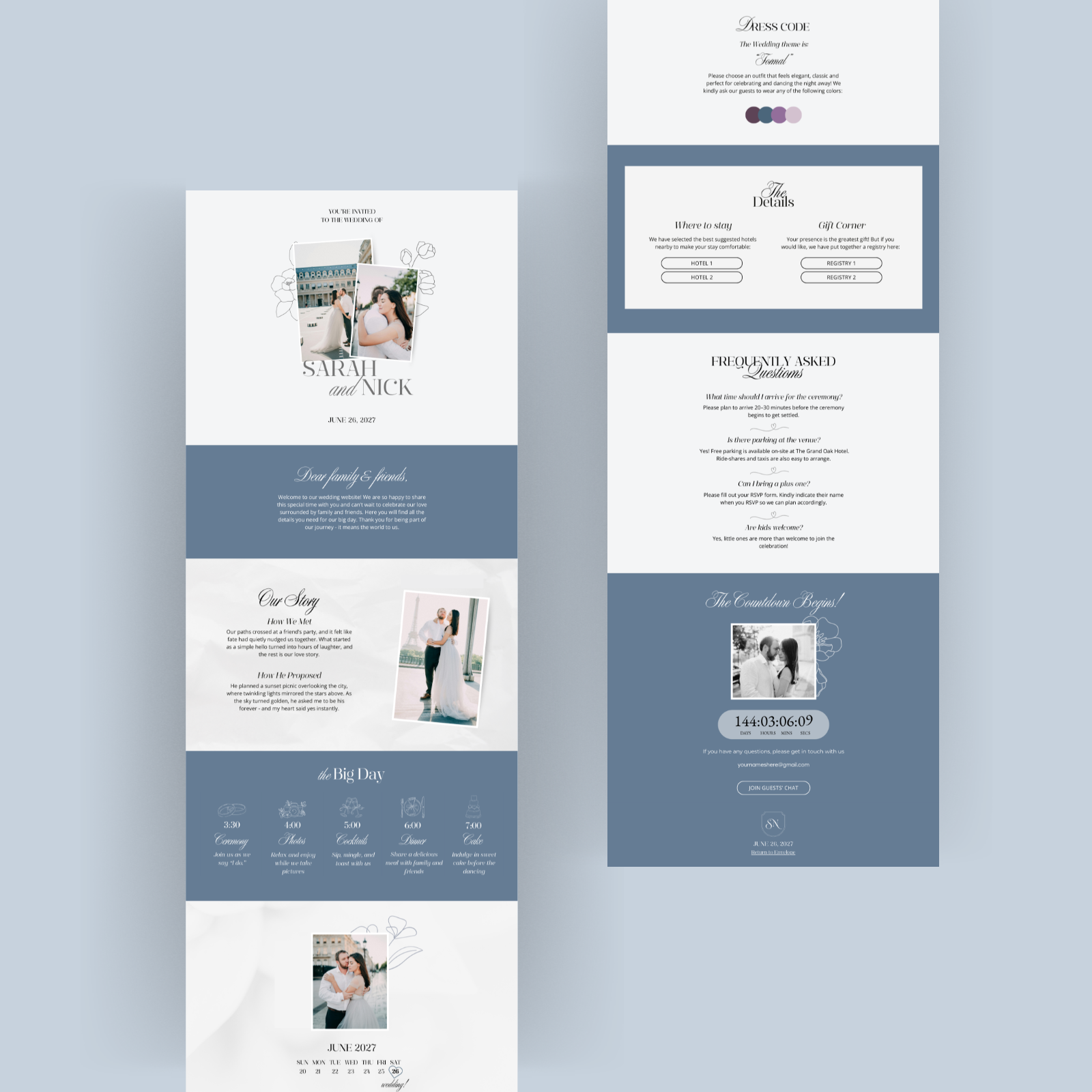 Blue wedding website template Canva digital invitation copy