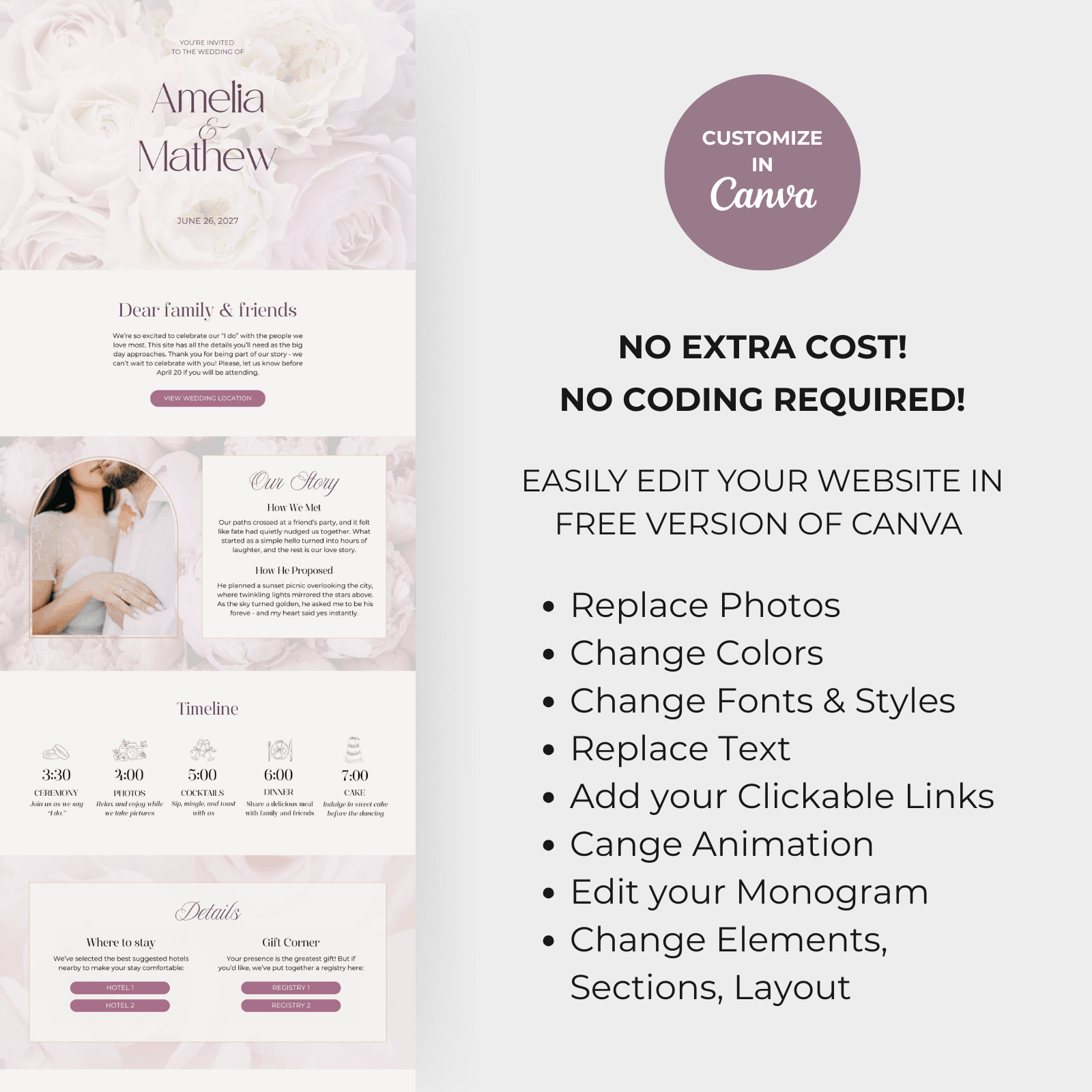 Blush pink wedding website editable in canva