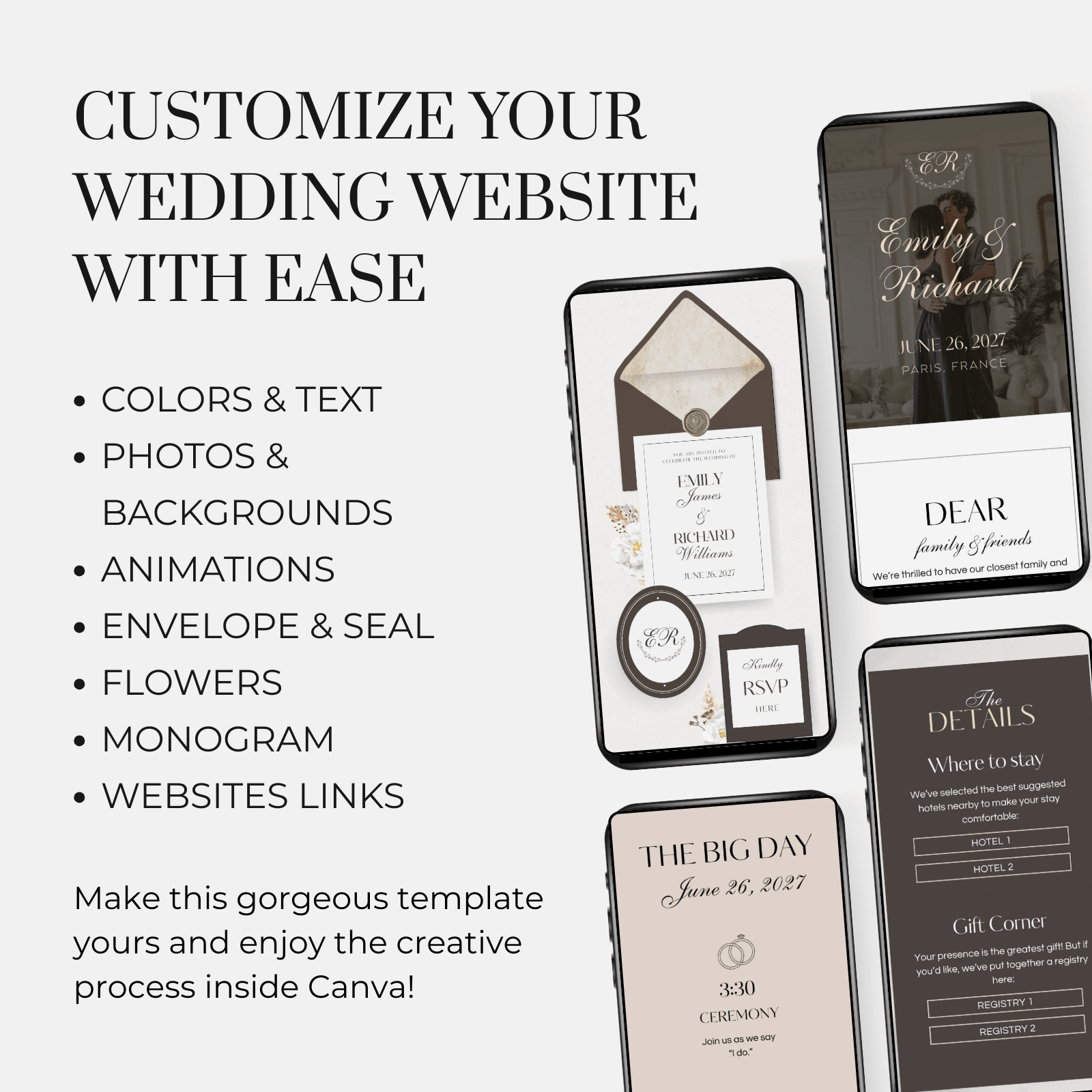 Boho Luxury wedding website template Canva