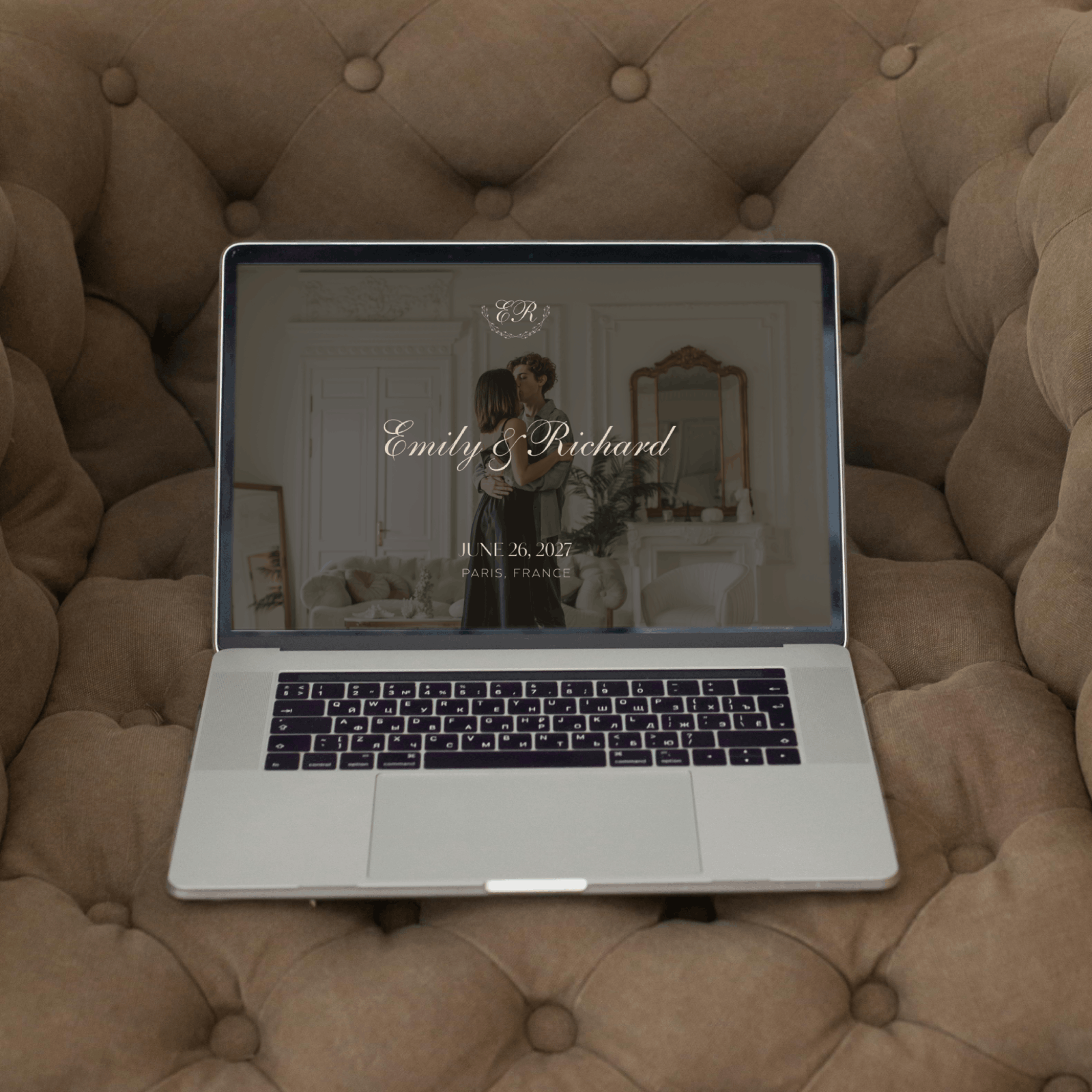 Boho wedding website on the couch