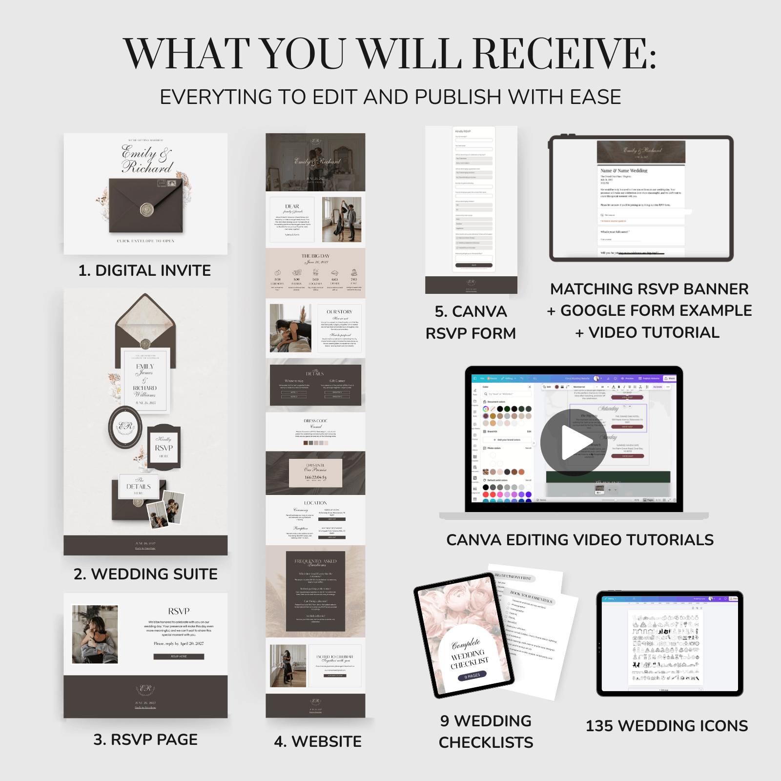 Brown Boho wedding website template with RSVP form