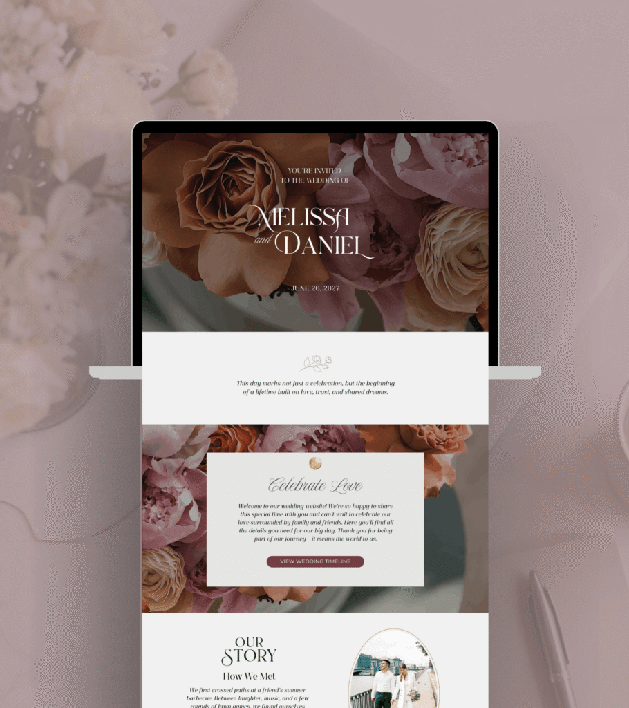 Burgundy and Green Garden floral editable wedding website template Canva