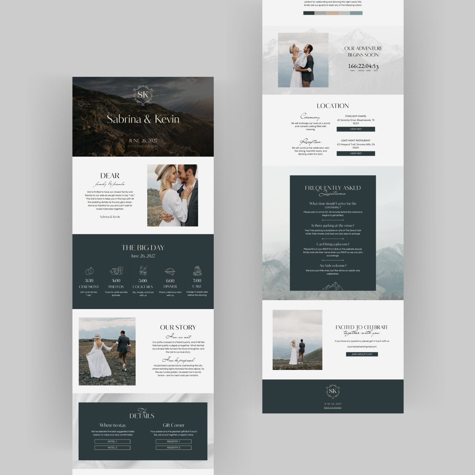 Mountain wedding website Canva template for destination wedding
