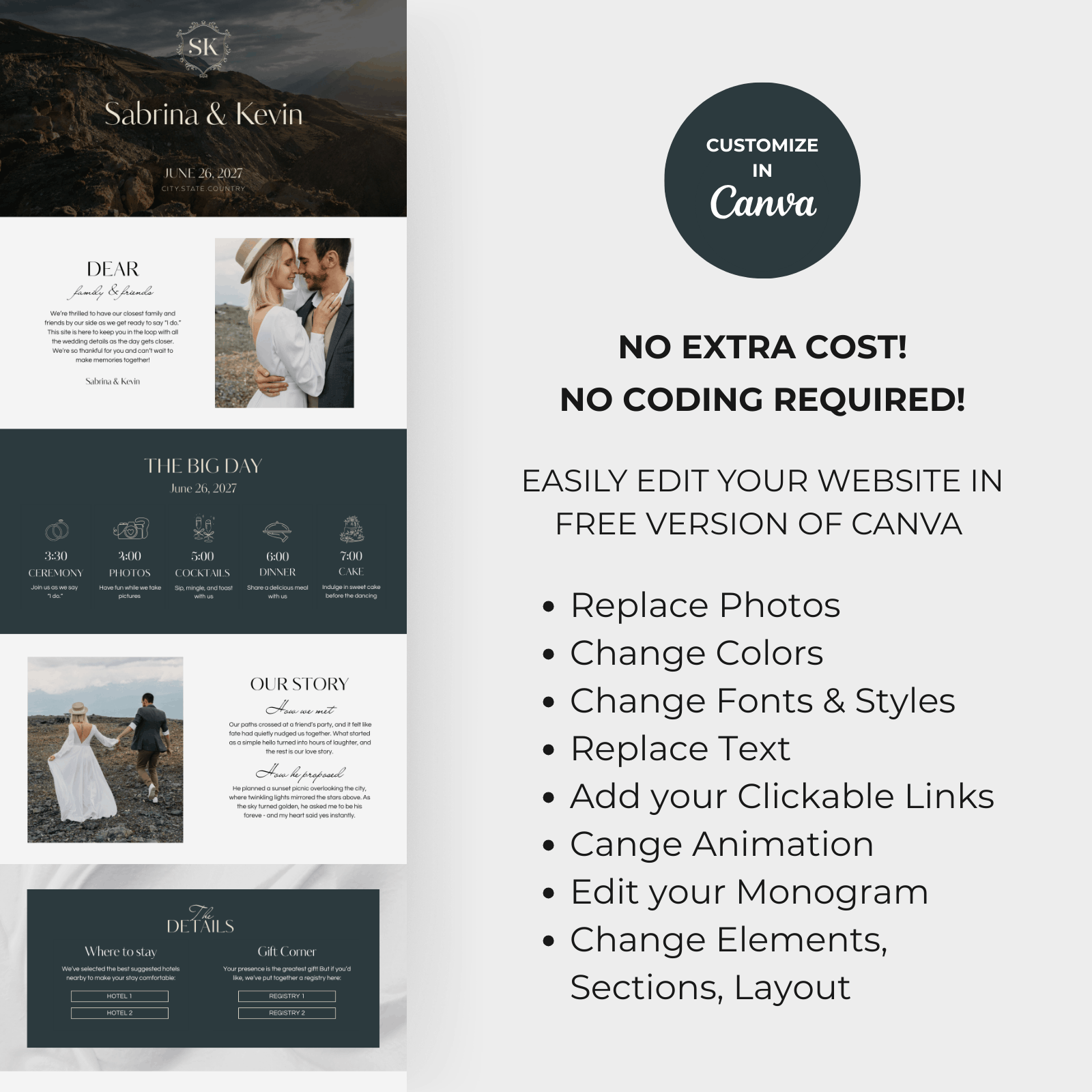 Mountain wedding website editable Canva template