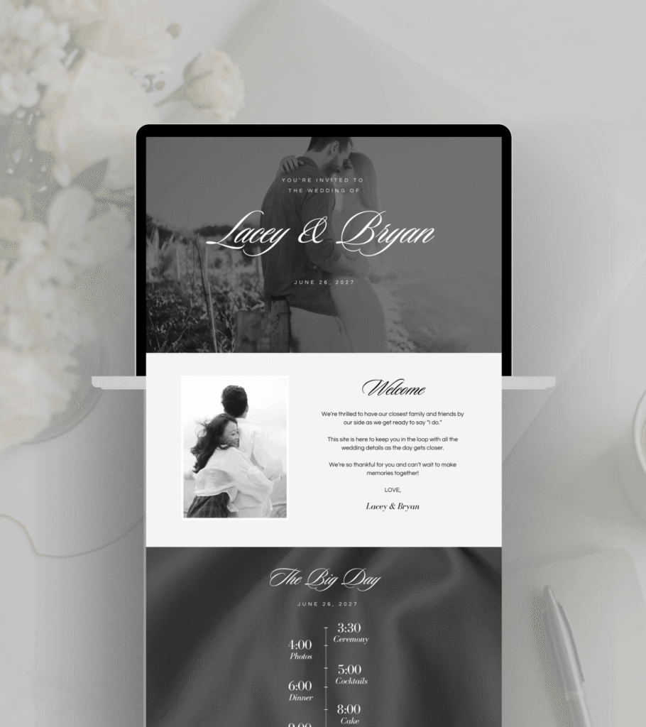 Old Money black and white wedding website template with RSVP form