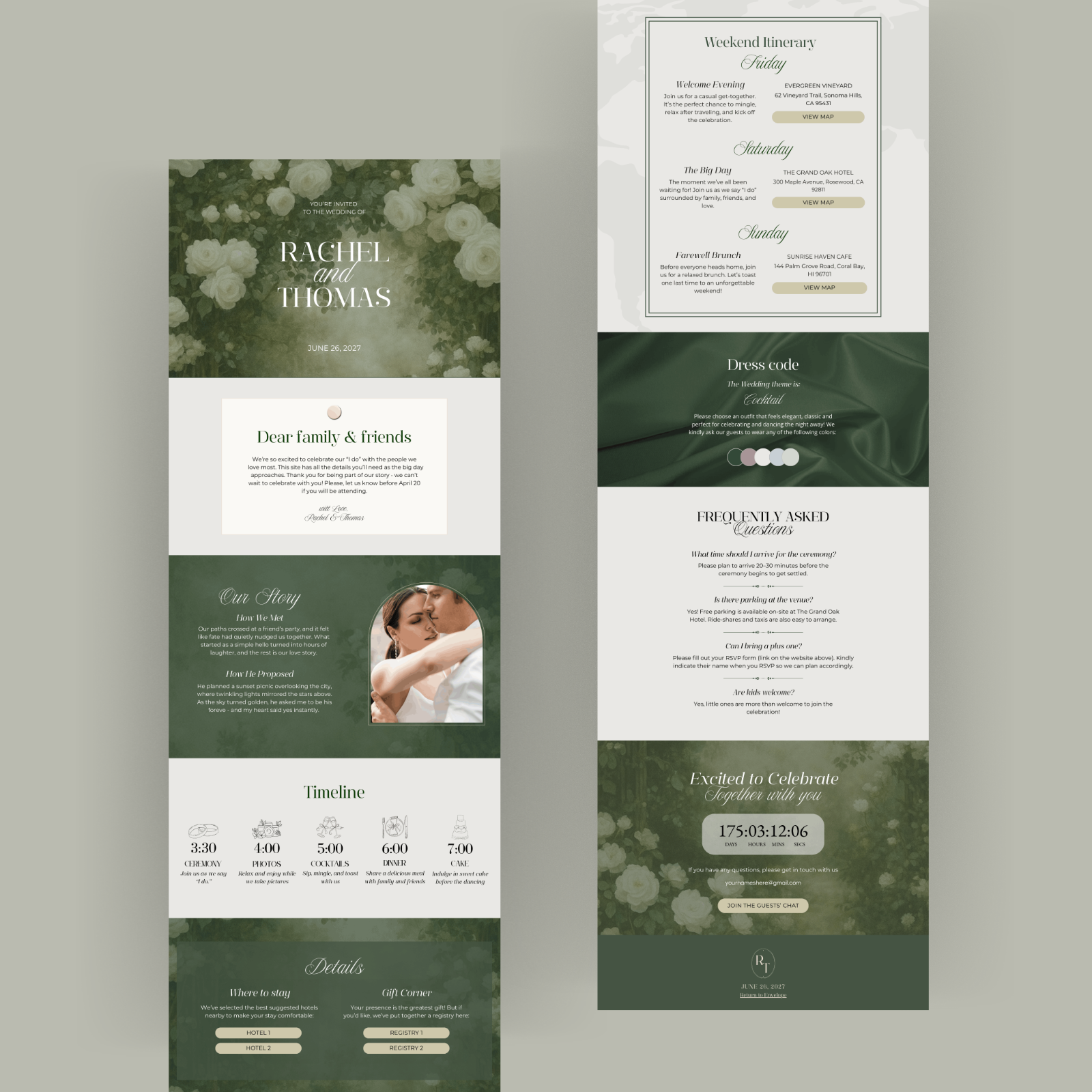 Olive Green editable wedding website template Canva with