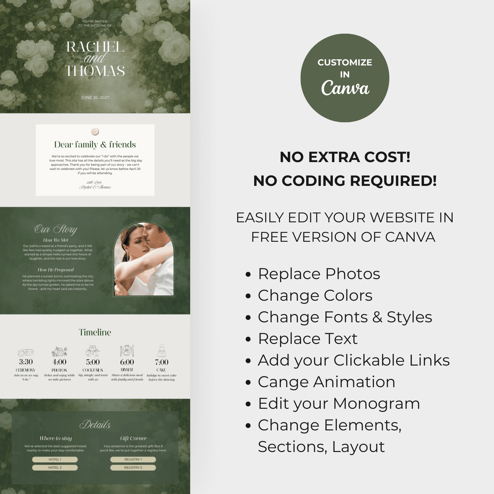 Olive Green wedding website editable in canva