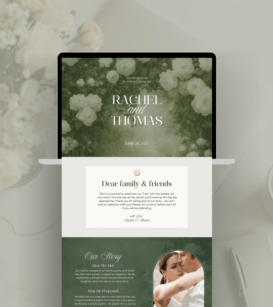 Olive Green wedding website template with RSVP form