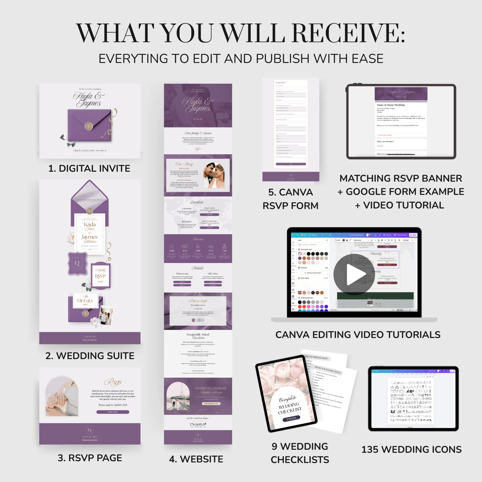 Purple editable wedding website template Canva with RSVP form
