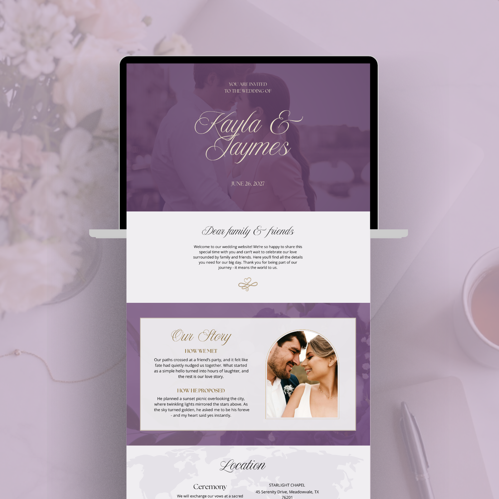 Purple elegant wedding website Canva template with RSVP