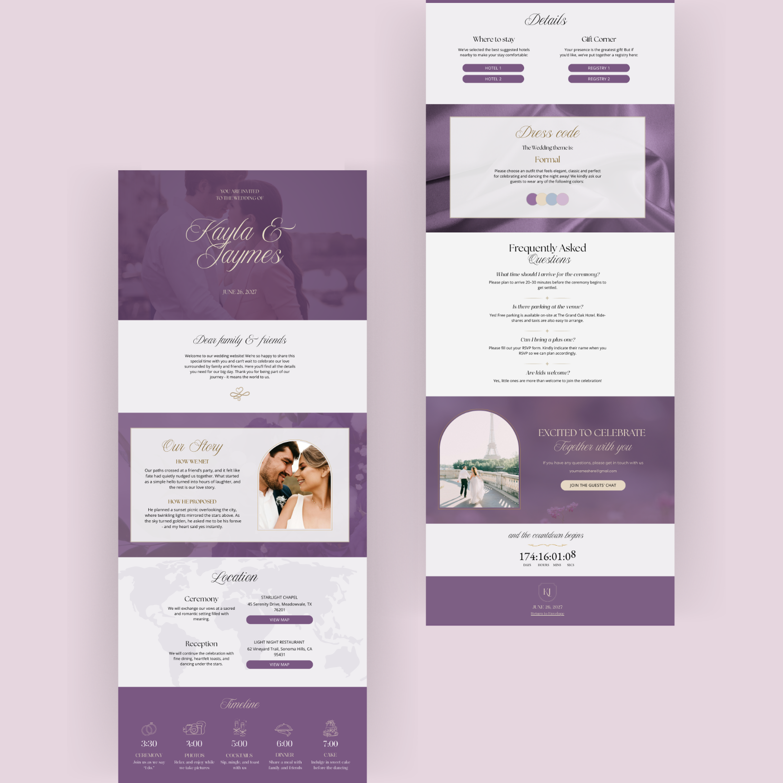 Purple elegant wedding website template with RSVP