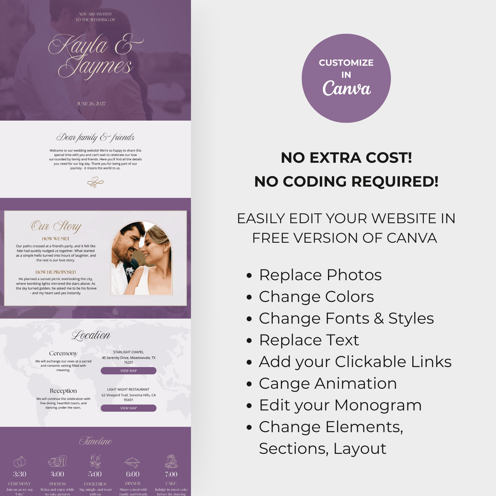 Purple wedding website editable in canva