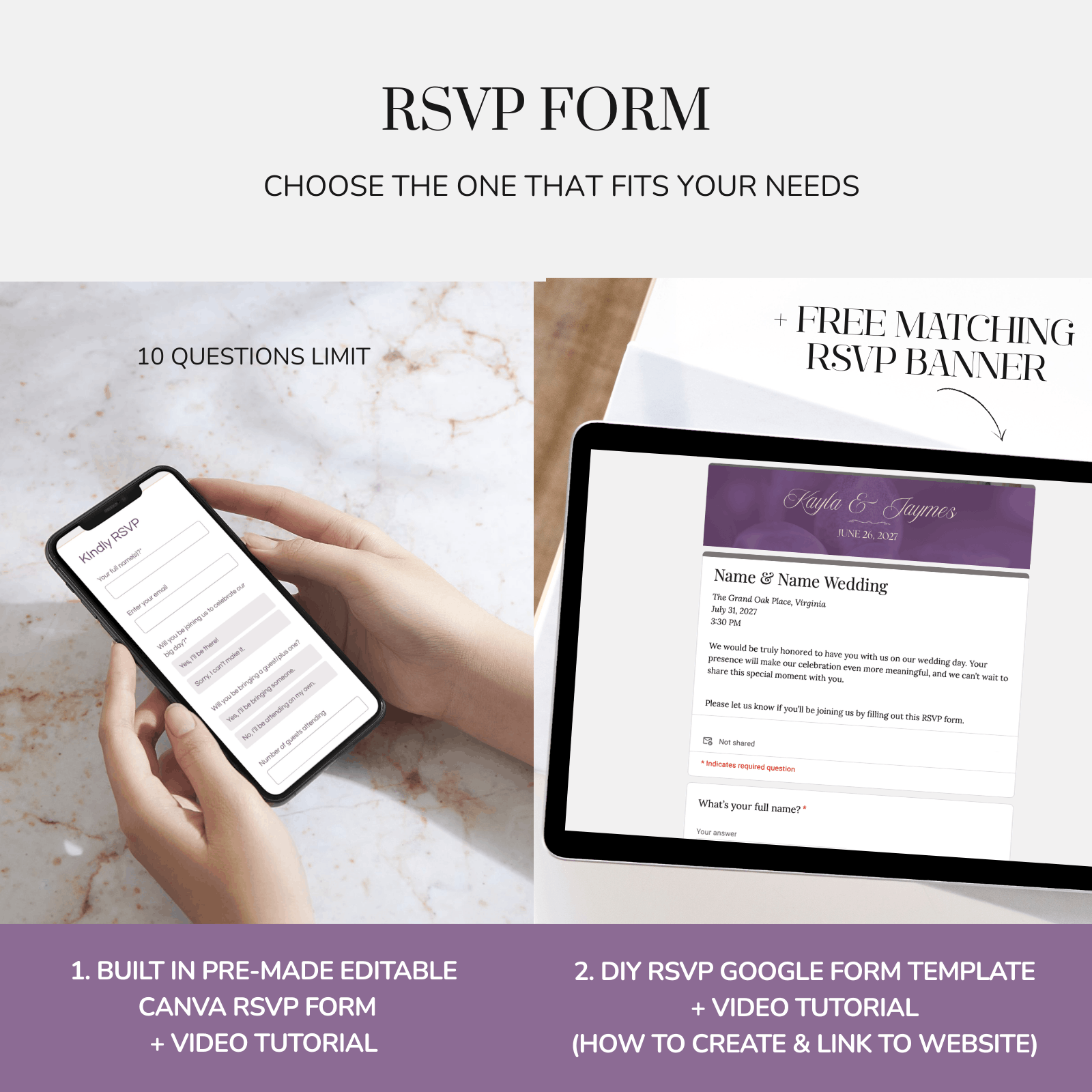 Purple wedding website template with RSVP form