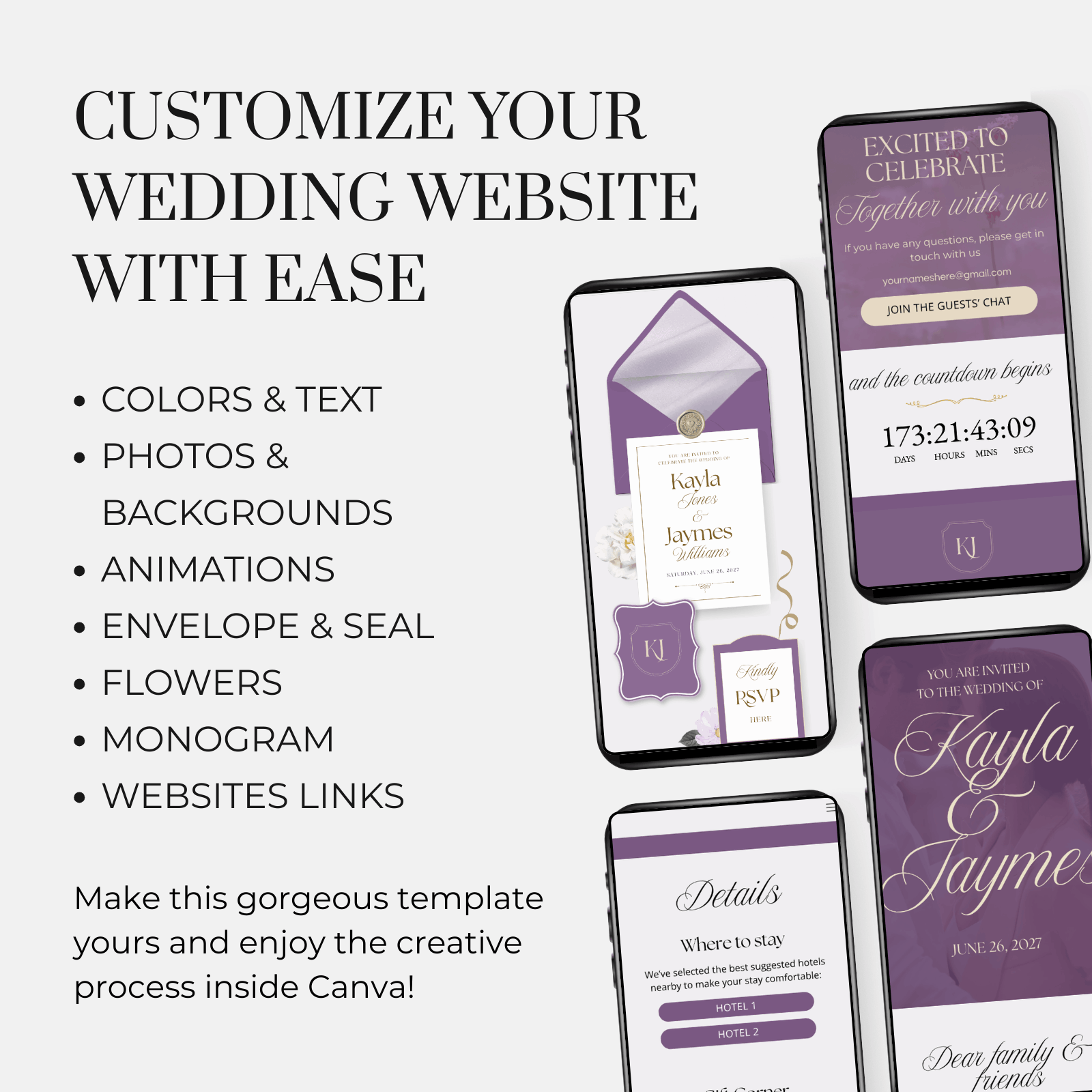 elegant wedding website template purple