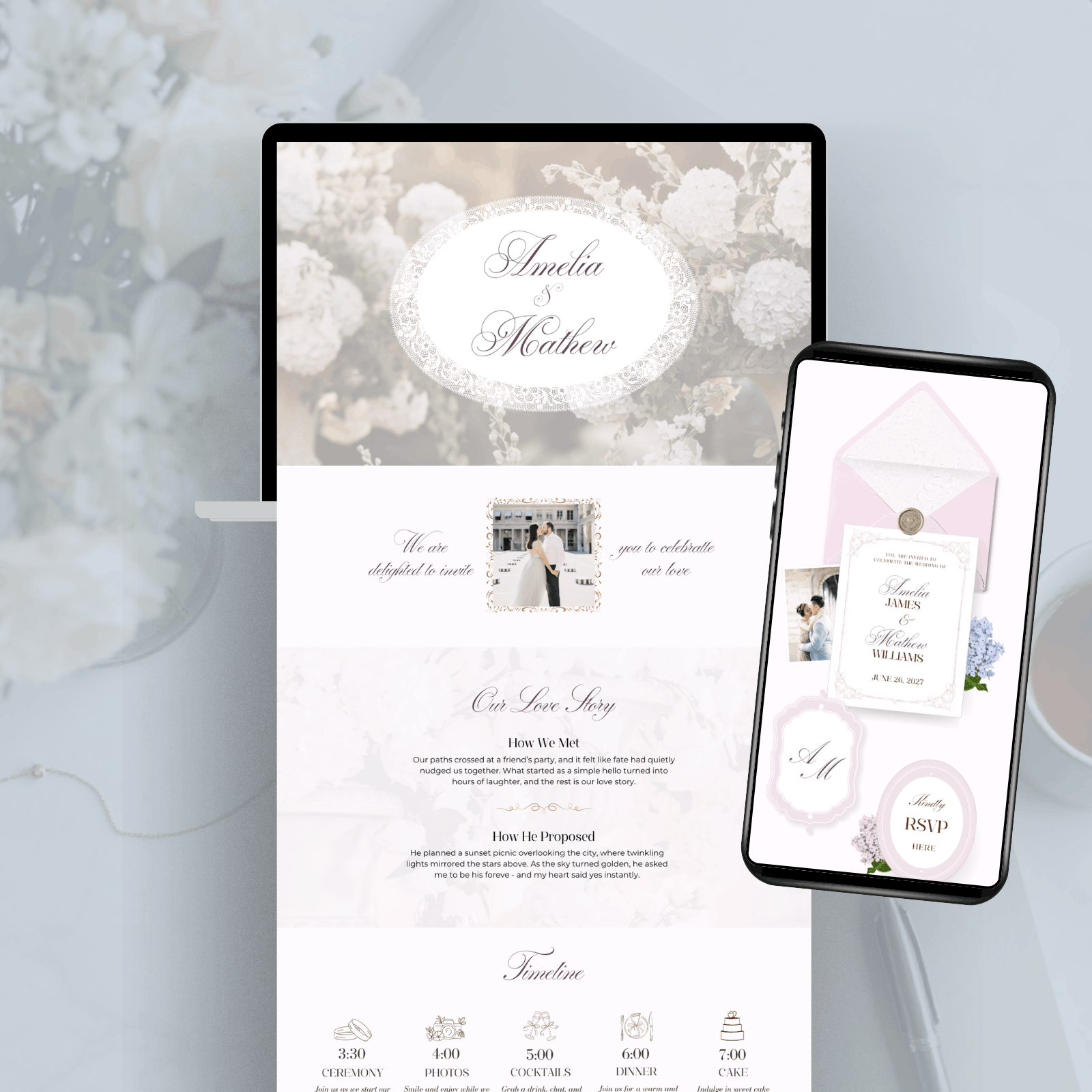 Bridgerton inspired wedding website canva template with rsvp