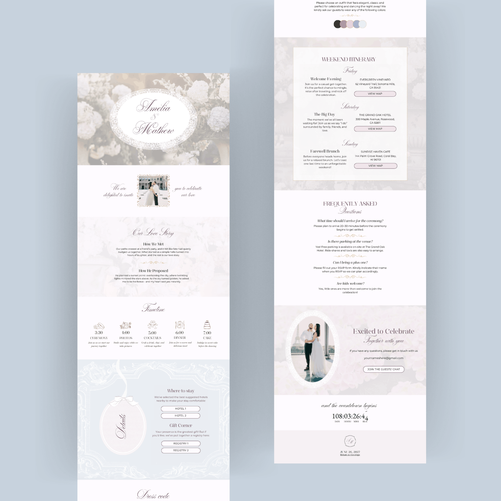 Pastel pink and blue wedding website template