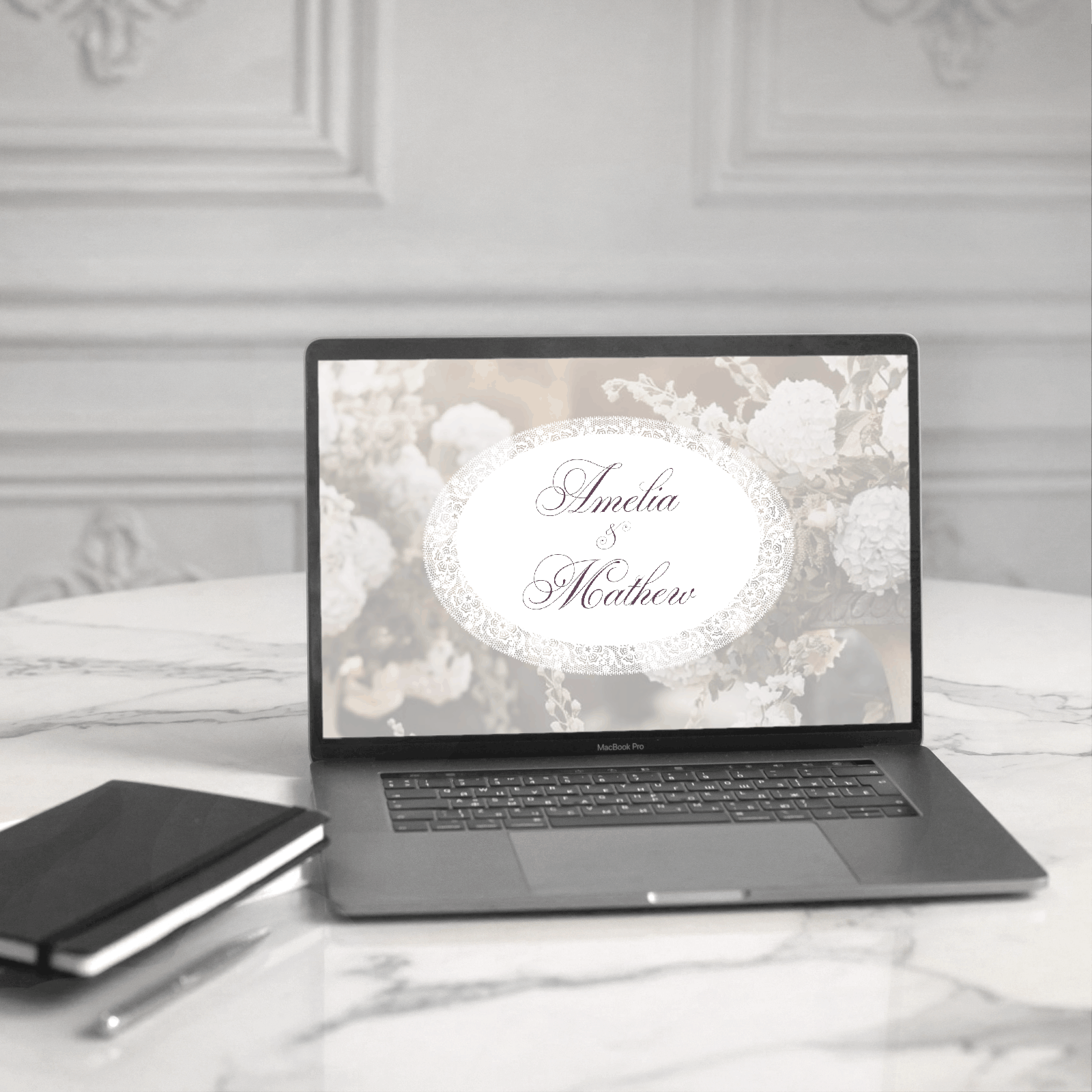 Romantic Vintage Wedding Website Canva Template with hydrangeas