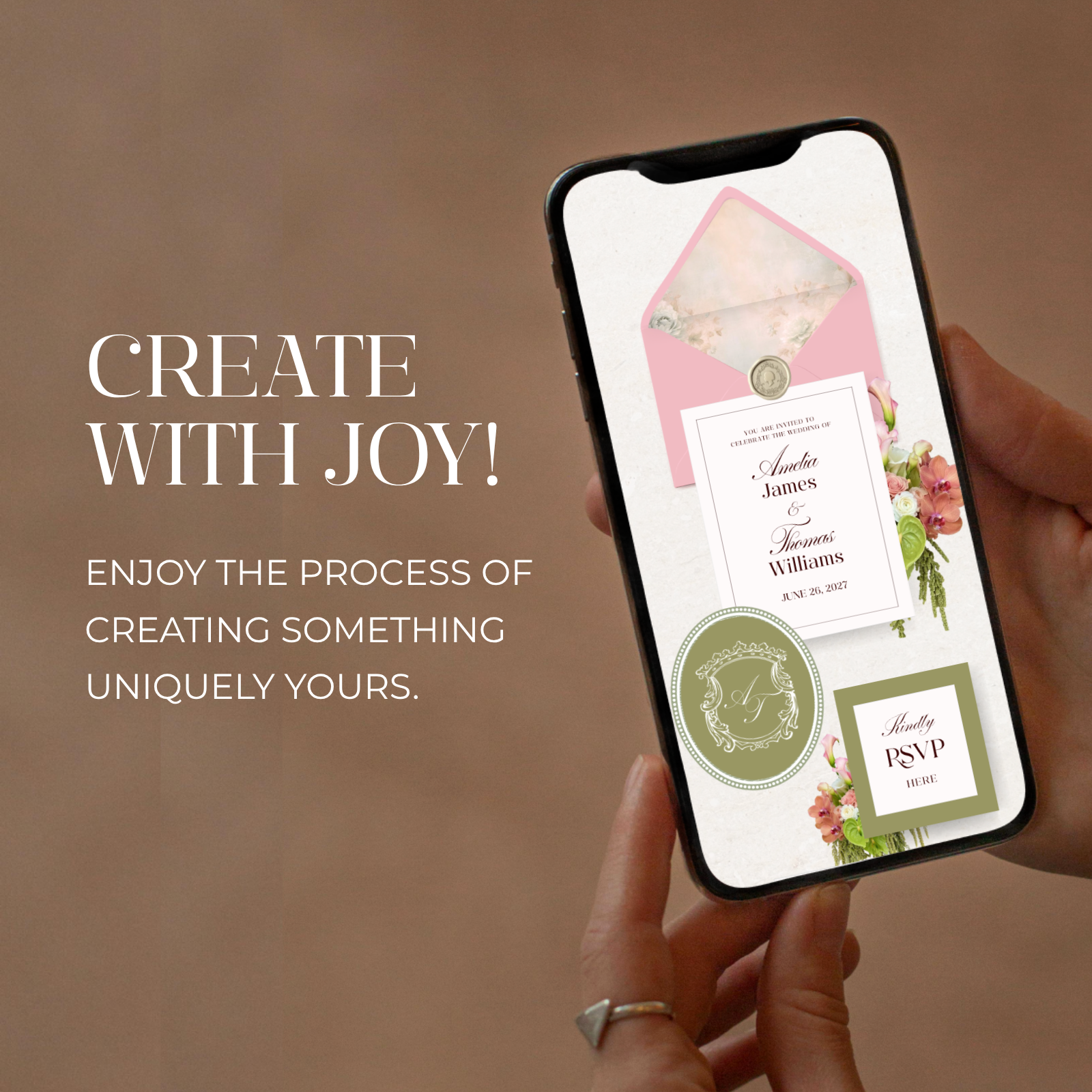 Canva wedding website template mobile friendly in hands