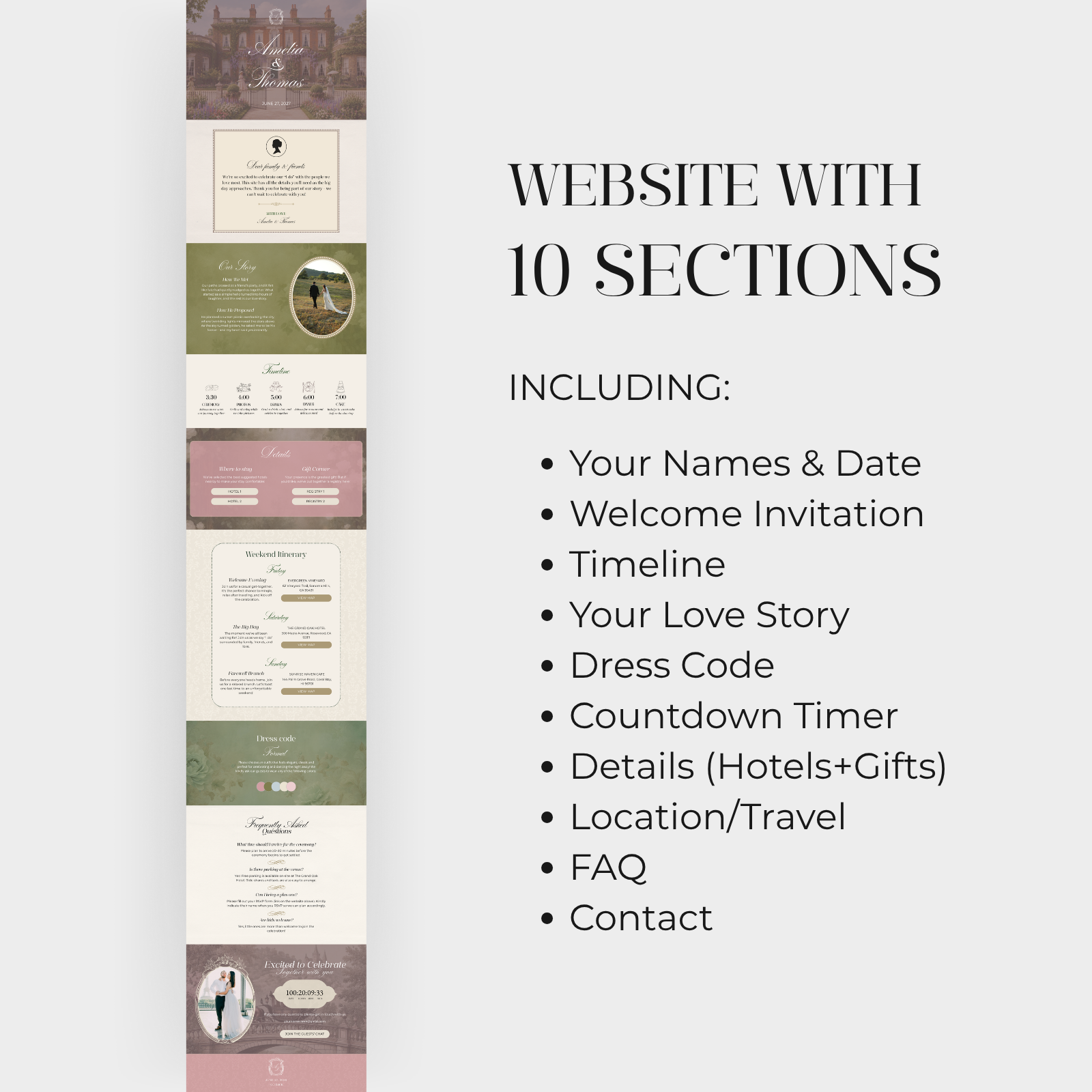 Sage green and pink Wedding website with 10 sections
