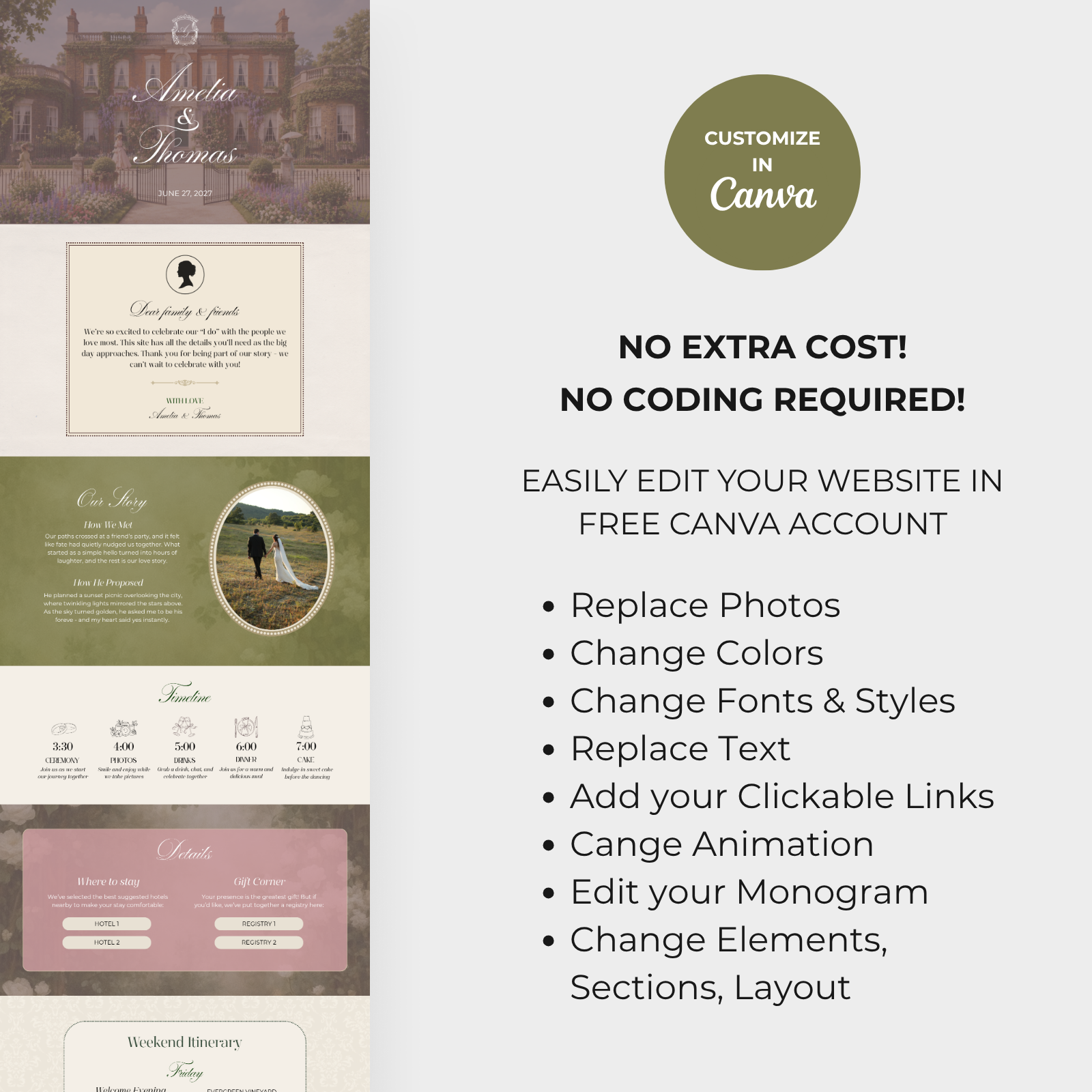 green and pink vintage editable wedding website template