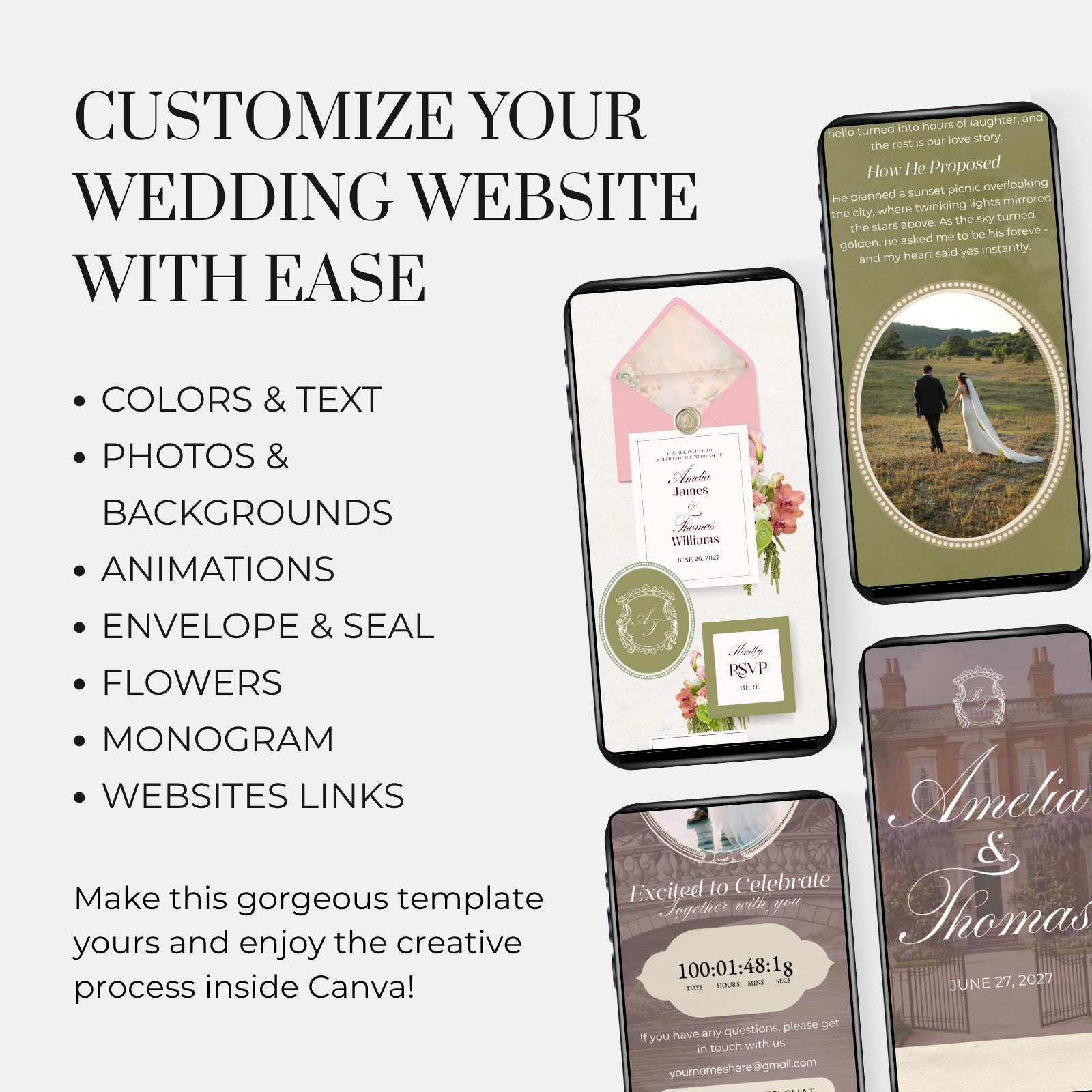 sage green and pink elegant wedding website template